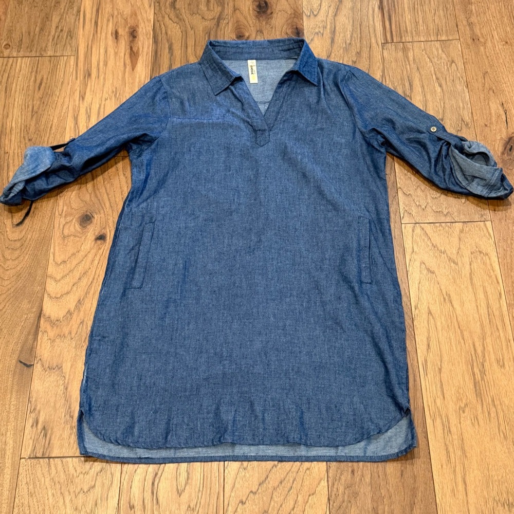 Lara Fashion Womens Blue Cotton Denim Chambray Shirt Dress Pockets L L7463